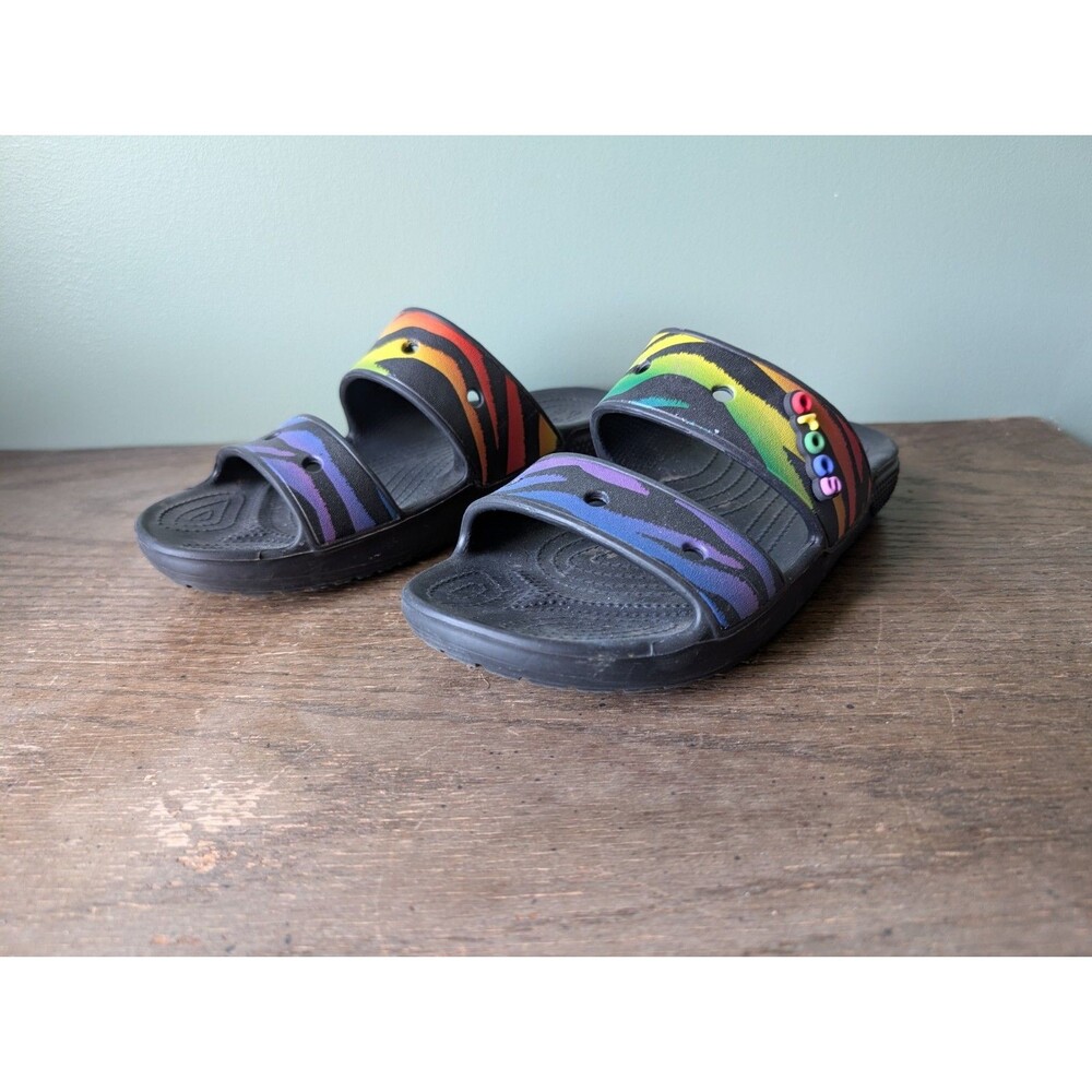 Crocs Rainbow Tiger Stripe Double Strap Slide Sandals Sz Women 10, Men 8